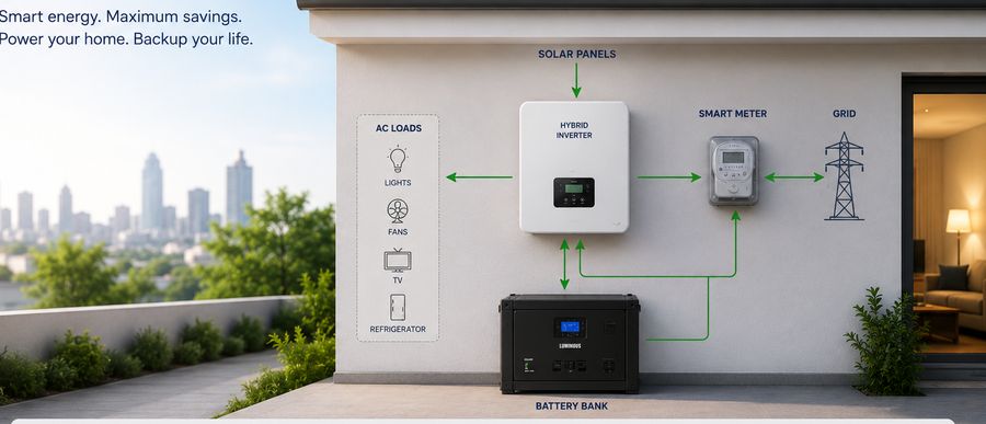 Hybrid rooftop solar system with battery backup and grid connection