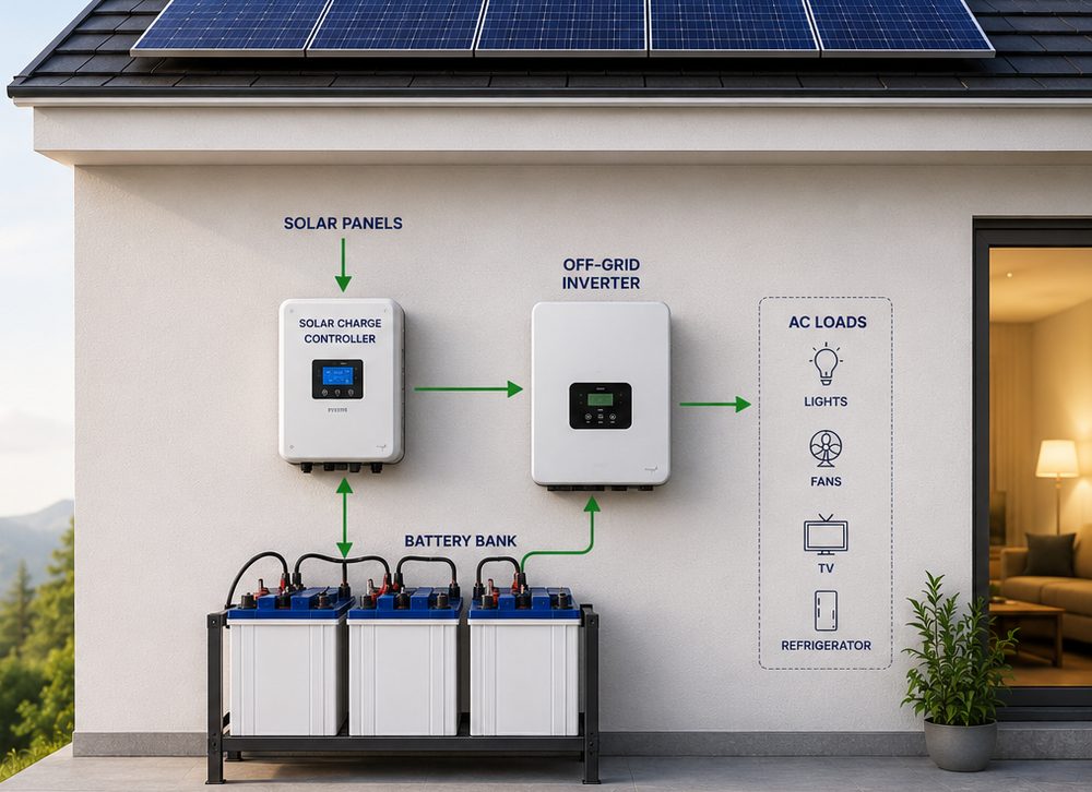 Off-grid standalone solar system with battery storage for remote power backup